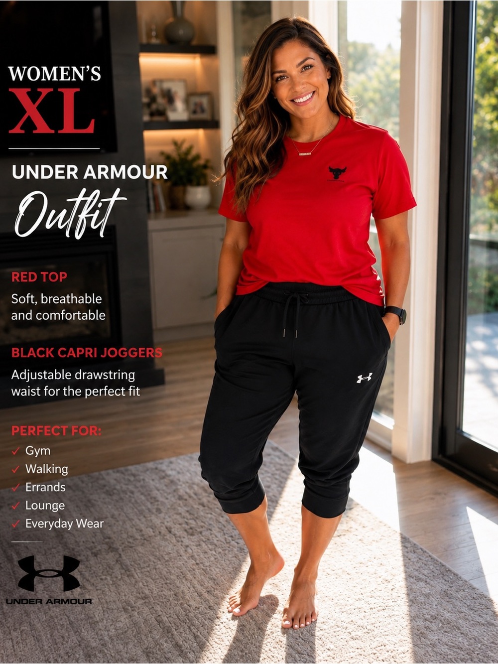 Under Armour women’s XL Black Capri Joggers with project rock orange shirt